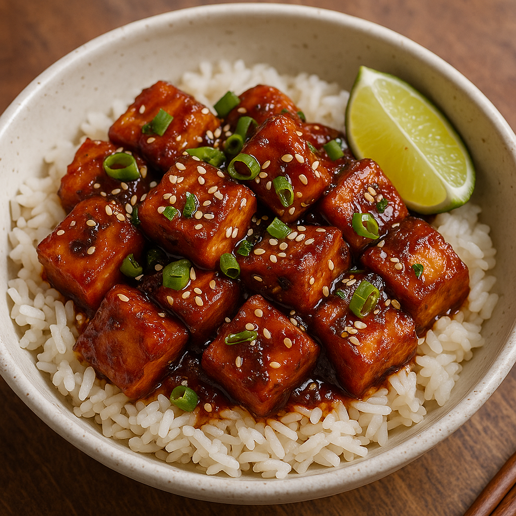 Crispy garlic-chilli Satonoyuki Firm Silken Tofu glazed in sticky soy sauce, topped with sesame seeds and spring onions, served over jasmine rice in a rustic bowl. Vegan recipe created by Nicol Retailer Limited.