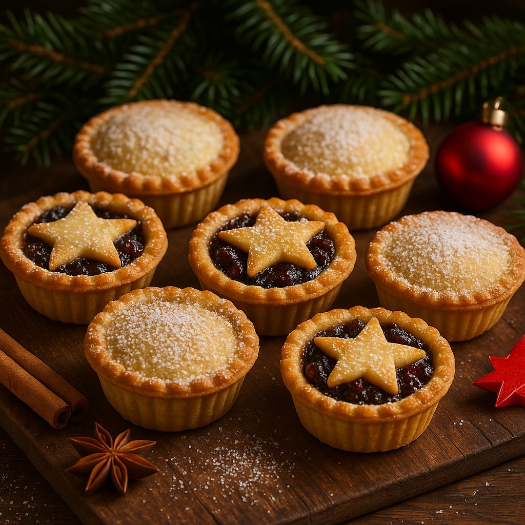 Golden Christmas mince pies with star tops and icing sugar. Image and recipe created by Nicol Retailer Limited.
