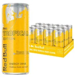 Red bull tropical edition energy drink.