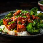 Here's an alt tag for the image: Glazed tofu with broccoli and rice.