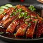 Delicious glazed duck slices with cucumber.