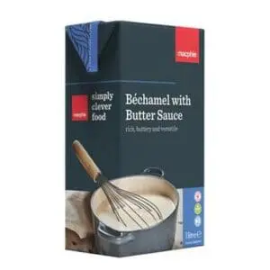 A box of Macphie Bechamel with Butter Sauce 12 x 1Litre, topped with a whisk.
