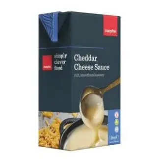 A box of Macphie Gluten Free Cheddar Cheese Sauce 12x1ltr on a white background, topped with Macphie Gluten Free Cheddar Cheese Sauce.