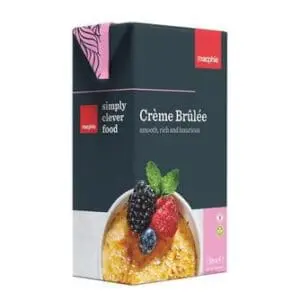 A Macphie Crème Brulee Dessert 1ltr box on a white background.