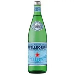 A bottle of San Pellegrino Sparkling Natural Mineral Water Glass 12 x 750ml on a white background.