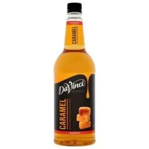A bottle of DaVinci Caramel Coffee Syrup 1 x 1ltr on a white background.