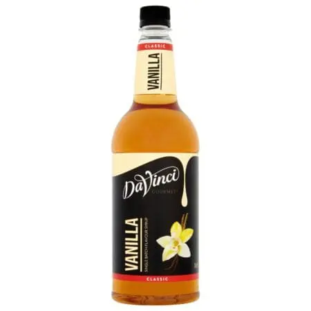 A bottle of DaVinci Vanilla Coffee Syrup 1 x 1ltr on a white background.