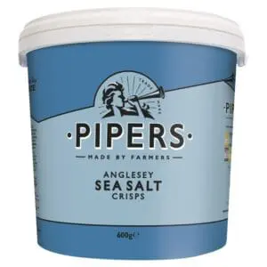 Small bucket of Anglesey Sea Salt Crisps closeup