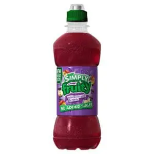 A bottle of Simply Fruity Blackcurrant & Apple 12 x 330ml on a white background.