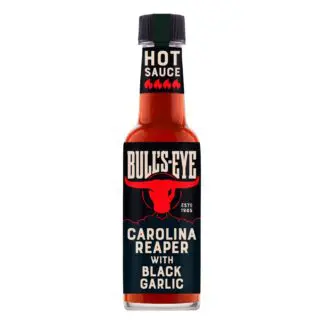 A bottle of Bulls-Eye Carolina Reaper Extra Hot Sauce 135ml with the label carolina reaper black.