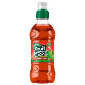 A bottle of fruit soda on a white background.