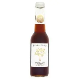 A glass bottle of "Breckland Orchard Dandelion & Burdock Posh Pop" with a label depicting a gold dandelion illustration on a white background.
