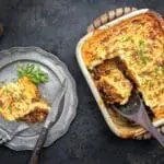 Shepherd's pie in baking dish, served.