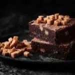 Two caramel brownies on dark plate.