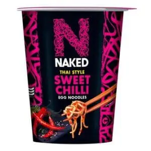 A container of naked thai style sweet chilli egg noodles with a graphic of noodles and chilli peppers on a vivid background.