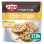 Package of Dr. Oetker Chocolate Chips White 750g, showing cookies with choc chips and sprinkles.