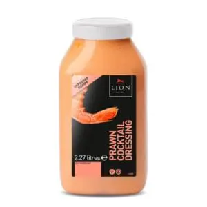 A bottle of Lion Prawn Cocktail Sauce 2.27L, against a white background, displaying a shrimp on the label.