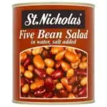 A can of St Nicholas Five Bean Salad with Sweetcorn & Vinegar in Salted Water 800g, featuring red and brown beans with sweetcorn and vinegar, displayed on the label.