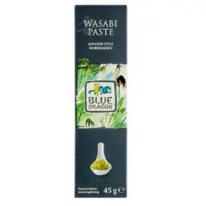 A package of Blue Dragon Wasabi Paste 45g in a box, depicted with an image of the product alongside bamboo and a crane illustration.