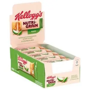 A box of Kellogg's Nutri-Grain Bars Apple 25x37g, displayed open with several individually wrapped bars visible.