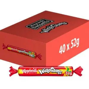 A box of Maynards Bassetts Wine Gums Sweets Rolls 40x52g with a displayed quantity of "40 x 52g", alongside an individual wine gum roll.