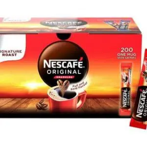 Packaging of Nescafe Original Instant Coffee Sachets 200x1.8g with a sachet displayed in front, against a sunrise background.
