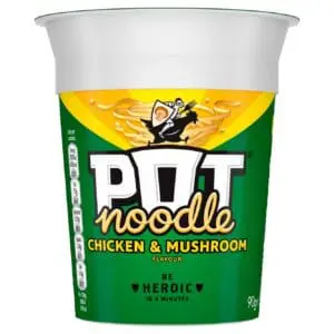 A container of Pot Noodle Chicken & Mushroom 12x90g, featuring branding and a cartoon chef on the label.