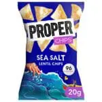 A bag of Properchips Sea Salt Lentil Chips 24x20g, featuring a vibrant graphic of a hand reaching for chips above stylized ocean waves with a small boat.