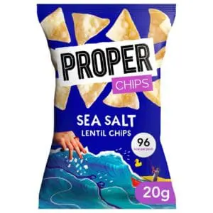 A bag of Properchips Sea Salt Lentil Chips 24x20g, featuring a vibrant graphic of a hand reaching for chips above stylized ocean waves with a small boat.
