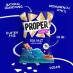 Graphic of a Properchips Sea Salt Lentil Chips 24x20g packet with whimsical illustrations highlighting features like gluten-free, vegan, and natural seasoning on a vibrant blue background.