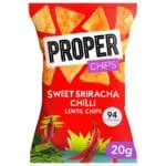 A package of Properchips Sweet Sriracha & Chilli Lentil Chips 24x20g featuring sweet sriracha chili flavor, made from lentils, with a bright red background and illustrations of