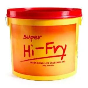A large bucket labeled "KTC Super Fry Long Life Oil 15ltr," indicating it contains extra-long-life vegetable oil, with a red lid, isolated on a white background.