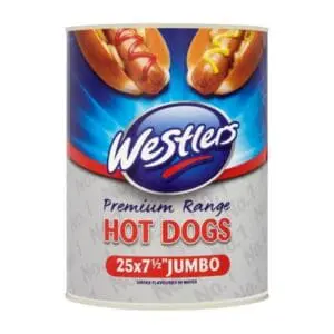 A can of Westlers Premium Range Jumbo Hot Dogs 25 x 104g (7Β½") labeled "premium range" and "25x7" jumbo size, with an illustration of hot dogs on the label.