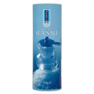 A cylindrical container of Costa Coarse Sea Salt 750g, showing an image of a salt grinder and salt crystals.