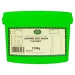 Green plastic tub labeled "Arran Fine Foods Caramelised Onion Chutney 2.35kg" produced on the Isle of Arran, Scotland.