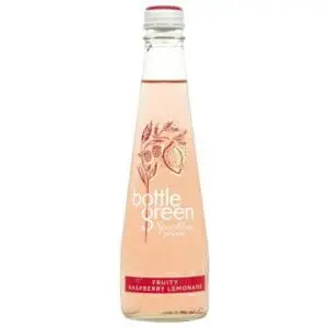 A clear glass bottle of Bottlegreen Raspberry Lemonade Sparkling Presse with a red label, isolated on a white background.