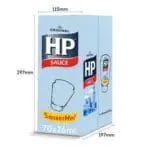 A promotional display for HP SqueezMe! The Original Sauce 70x26ml featuring the product’s packaging and "squeeze me!" text, with dimensions labeled on each side.