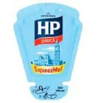 A plastic squeeze bottle of HP SqueezMe! The Original Sauce 70x26ml featuring an illustration of Big Ben and the Houses of Parliament on a blue background.