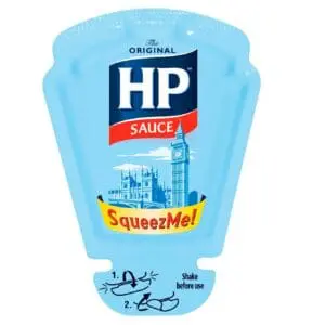 A plastic squeeze bottle of HP SqueezMe! The Original Sauce 70x26ml featuring an illustration of Big Ben and the Houses of Parliament on a blue background.