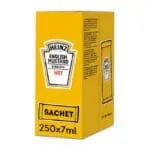 A yellow box of Heinz English Mustard Classic Style Hot 250x7ml sachets, clearly labeled, containing 250 sachets of 7ml each.