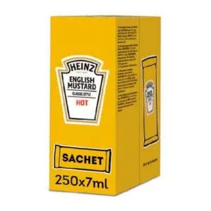 A yellow box of Heinz English Mustard Classic Style Hot 250x7ml sachets, clearly labeled, containing 250 sachets of 7ml each.