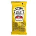 A yellow packet of Heinz English Mustard Classic Style Hot 250x7ml, displaying multiple languages and a "hot" label.