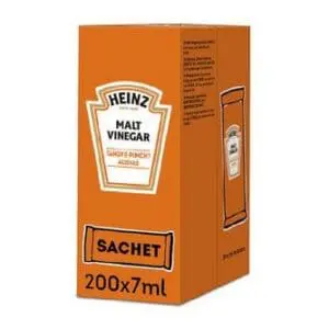 A box of Heinz Malt Vinegar Sachets 200x7g, depicted in orange and white colors.