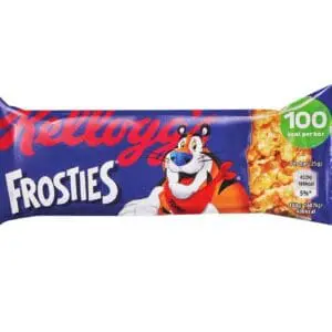 A Kellogg's Frosties Cereal Milk Bar 25x25g wrapper, featuring the cartoon character Tony the Tiger, with nutritional information on the front.