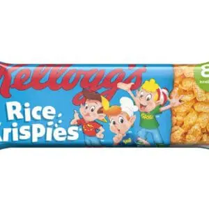 Packaging of Kellogg's Rice Krispies Cereal & Milk Bars 25x20g with the brand logo and animated characters, indicating 83 kcal per bar.