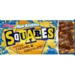 A Kellogg's Squares Curious Caramel & Chocolate Cereal Bars 30x36g, packaged in a blue wrapper with vibrant yellow and orange text.