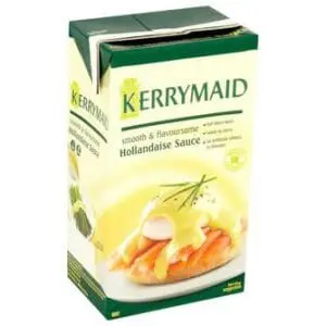 Packaging of Kerrymaid Hollandaise Sauce 1ltr with a smooth & flavoursome label, featuring a graphic of the sauce over eggs and asparagus.