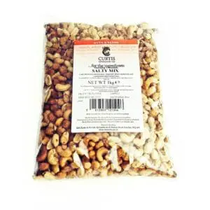 Salty mixed nuts in a bag.