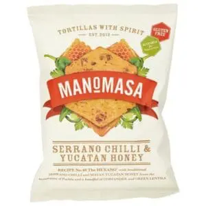 ManoMasa tortilla chips: Serrano chili & honey.