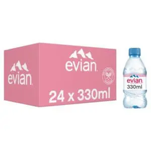 Here's an alt tag for the image: Evian water, 24 x 330ml bottles.